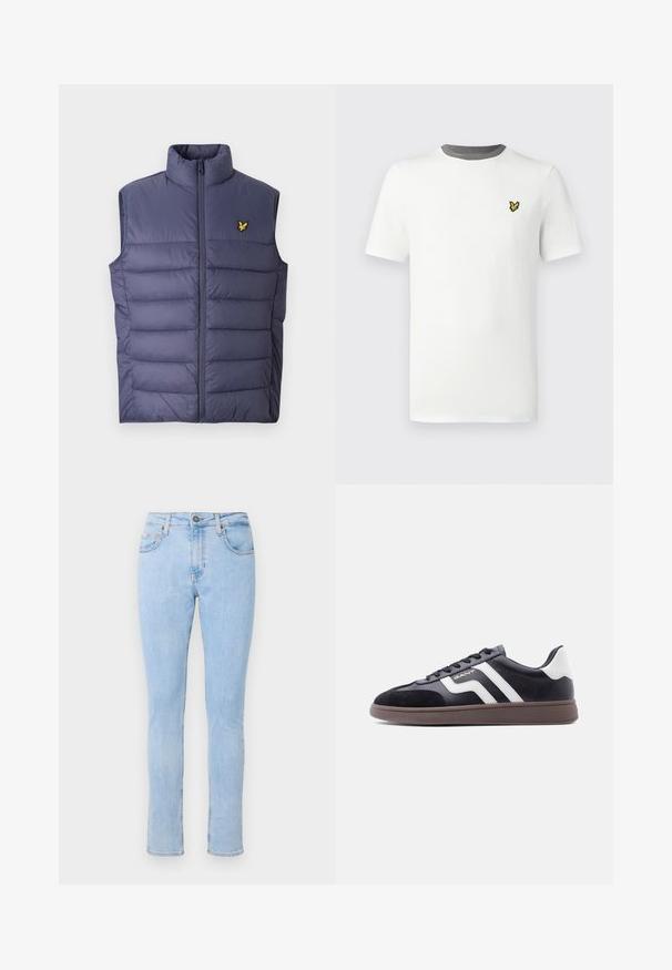 Chaleco acolchado de color azul marino con un cuello alto y cremallera frontal. Presenta costuras horizontales y un pequeño logo amarillo bordado en el pecho.; Camiseta blanca de algodón con cuello redondo, mangas cortas y ribete gris en el cuello; presenta un pequeño logotipo bordado en amarillo en el pecho.; Vaqueros de mezclilla azul claro con un diseño ajustado, estilo de cinco bolsillos, cierre frontal con botón y un ligero desgaste. Corte slim con piernas rectas.; Zapatillas negras con material de ante y sintético, rayas diagonales blancas y suela marrón texturizada. Presentan un diseño con cordones y cuello acolchado.