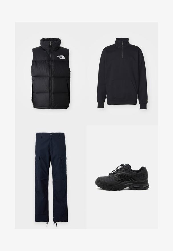 Sort puffer vest med høj krave, frontlynlås og The North Face-logo. Har en quiltet tekstur og sidelommer.; Sort fleece sweatshirt med kvart lynlås, høj krave, ribbede manchetter, kengurulomme og en lille guld logo accent på ærmet.; Navy cargobukser med knaplukning, bæltestropper, sidelommer med klap og justerbare snore forneden ved anklerne.; Sort atletisk sneaker med tekstureret stof, tyk polstret sål, luftventiler og snørelukning, vist fra siden på en lys baggrund.