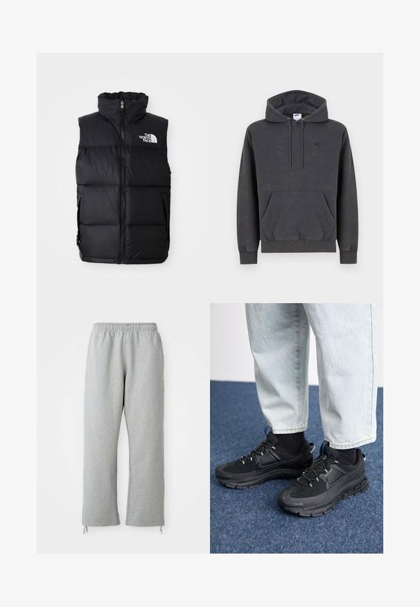 Chaleco acolchado negro con cuello alto, cremallera frontal y el logo de The North Face. Presenta una textura acolchada y bolsillos laterales.; Sudadera con capucha Nike de color gris oscuro con bolsillo tipo canguro en la parte delantera, capucha con cordón ajustable, puños acanalados y un sutil logo bordado en el lado izquierdo del pecho.; Pantalones de chándal grises con una cintura elástica, piernas rectas y detalles de cordones en el dobladillo. Fabricados en una suave tela texturizada.; Zapatillas deportivas negras con tejido texturizado y suelas de goma, con cordones elásticos y un acento azul en el talón. Combinadas con pantalones de mezclilla claros.