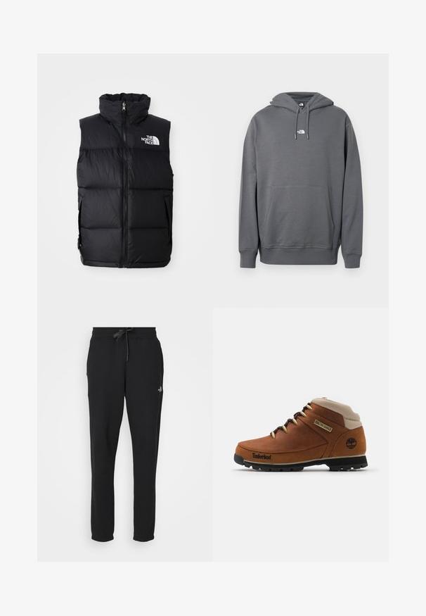 Chaleco acolchado negro con cuello alto, cremallera frontal y el logo de The North Face. Presenta una textura acolchada y bolsillos laterales.; Sudadera con capucha gris hecha de tela suave, con bolsillo canguro, capucha con cordón, puños acanalados y un pequeño logo en el pecho.; Pantalones de chándal negros hechos de una tela suave, con una cintura elástica con cordón, corte ajustado y un logo en la pierna izquierda.; Bota de senderismo de cuero marrón con un collar beige, suela de goma negra y ojales dorados. Presenta un logo de Timberland en el lado.