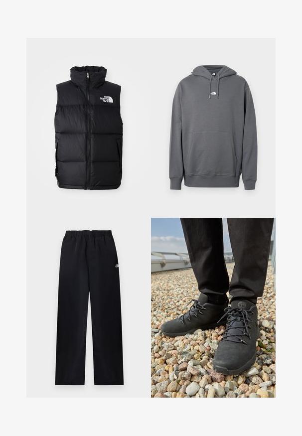 Zwarte pufferjas zonder mouwen met hoge kraag, rits aan de voorkant en het logo van The North Face. Heeft een gewatteerde textuur en zijzakken.; Grijze hoodie gemaakt van zachte stof, met een kangoeroezak, capuchon met trekkoord, geribbelde boorden en een klein logo op de borst.; Zwarte broek met rechte pijpen en elastische taille, met een klein wit logo op de bovenste rechterdij, plat uitgestald op een lichte achtergrond.; Zwarte wandelschoenen van textuurleer, stevige veters en een gewatteerde enkelkraag, gedragen met donkere broeken op een met kiezels bedekte ondergrond.