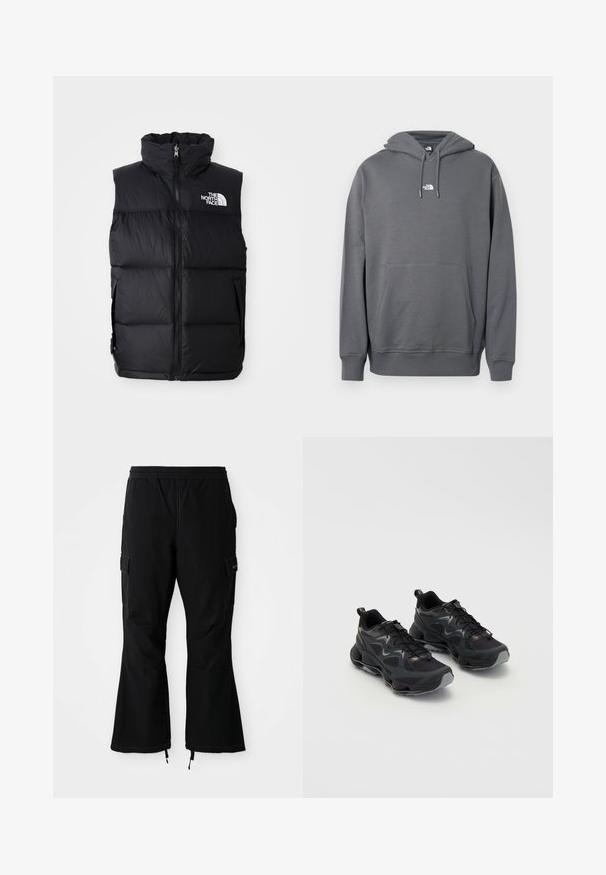 Čierny páperový vest s vysokým golierom, predným zipsom a logom The North Face. Obsahuje prešívanú textúru a bočné vrecká.; Sivá mikina s kapucňou z mäkkej látky, obsahujúca klokanie vrecko, kapucňu so šnúrkami, rebrované manžety a malé logo na hrudi.; Čierne cargo nohavice s elastickým pásom, vybavené bočnými vreckami a širokými nohavicami so zipsami na manžetách, prezentované na bielom pozadí.; Čierne atletické topánky s textúrovaným sieťovinovým zvrškom, s robustnou podrážkou, šnurovaním a jemnými sivými akcentmi.