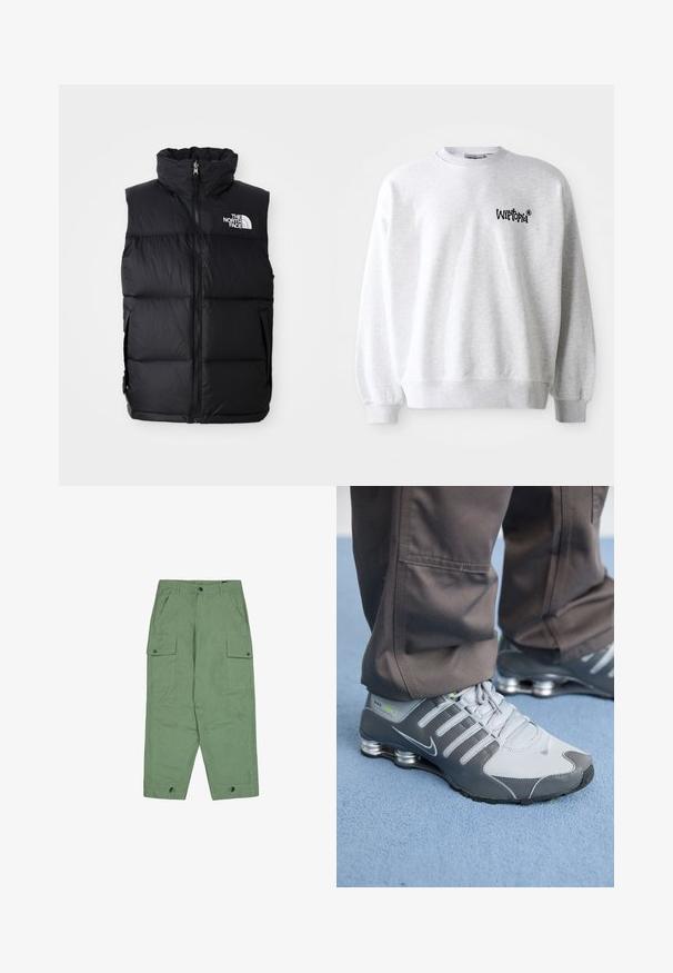 Zwarte pufferjas zonder mouwen met hoge kraag, rits aan de voorkant en het logo van The North Face. Heeft een gewatteerde textuur en zijzakken.; Lichtgrijze sweatshirt met een ronde halslijn, ribgebreide manchetten en zoom. Voorzien van een zwart "Wittopia" logo op de linkerborst. Zachte textuur.; Groene cargo broeken met een ontspannen pasvorm, twee grote zijzakken en verstelbare enkels. Gemaakt van gestructureerde katoenstof.; Grijze en zilveren Nike Shox sneakers hebben een strakke uitstraling, met een combinatie van mesh en synthetische materialen, een ronde neus en een gevoerde kraag.