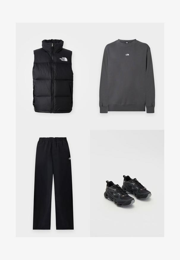 Sort puffer vest med høj krave, frontlynlås og The North Face-logo. Har en quiltet tekstur og sidelommer.; Grå sweatshirt lavet af bomuldsblandet stof, med rund halsudskæring, lange ærmer, ribstrikkede manchetter og et lille hvidt logo på brystet.; Sorte bukser med elastik i taljen og lige ben, med lille hvidt logo på øverste højre lår, vist fladt på lys baggrund.; Sorte sportssko med en tekstureret mesh-overdel, der har en kraftig sål, snørebåndslukning og diskrete grå accenter.