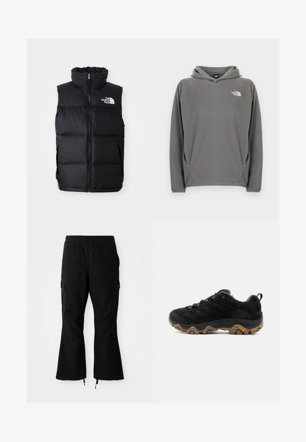 Chaleco acolchado negro con cuello alto, cremallera frontal y el logo de The North Face. Presenta una textura acolchada y bolsillos laterales.; Sudadera gris de forro polar con bolsillo frontal, capucha con cordón ajustable y un pequeño logo blanco en el área del pecho izquierdo.; Pantalones cargo negros con cintura elástica, con bolsillos laterales y piernas acampanadas con cremalleras en los puños, exhibidos sobre un fondo blanco.; Zapato de senderismo negro con suela Vibram marrón rugosa, parte superior de malla y ante, diseño con cordones y lengüeta trasera, mostrado desde el lado exterior.