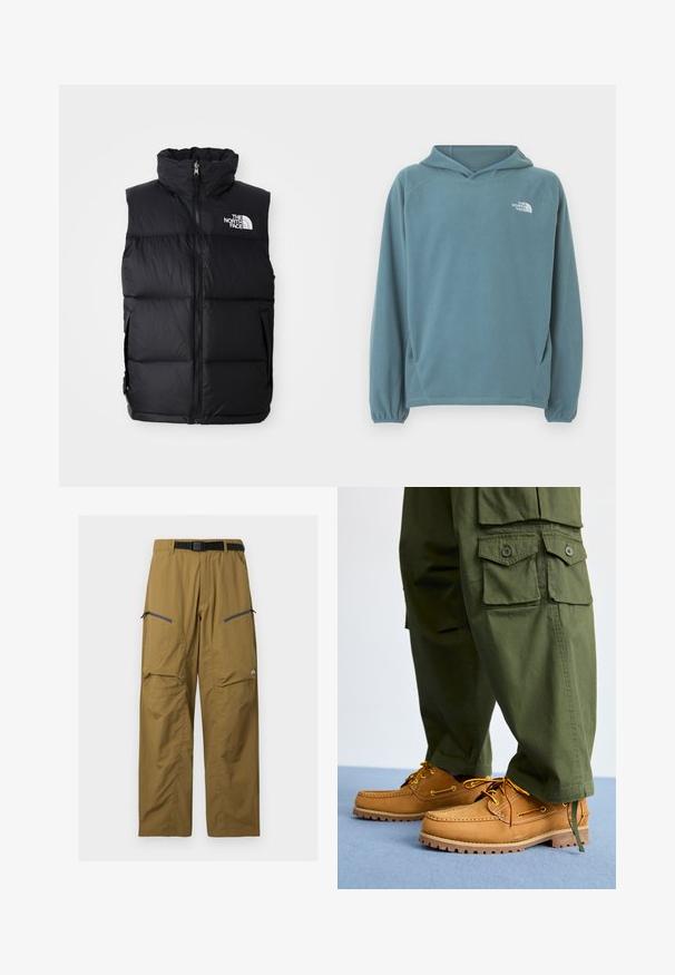Schwarze Steppweste mit hohem Kragen, Frontreißverschluss und The North Face-Logo. Verfügt über eine gesteppte Textur und seitliche Taschen.; Blauer Fleece-Hoodie mit Kängurutasche, Kapuze mit Kordelzug und elastischen Bündchen. Auf der Brust befindet sich ein weißes Logo. Glatte Oberfläche.; Khakifarbene Outdoor-Hose mit schwarzem verstellbarem Gürtel, zwei Reißverschluss-Oberschenkeltaschen und Knie-Nähten, auf einfachem Hintergrund dargestellt.; Timberland AUTHENTIC 3 EYE - Bootsschuh - wheat