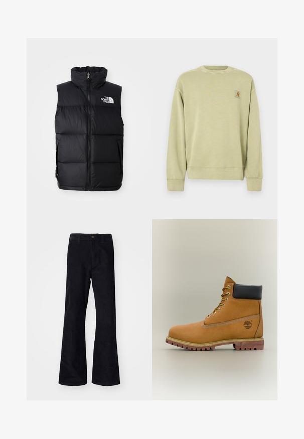Schwarze Steppweste mit hohem Kragen, Frontreißverschluss und The North Face-Logo. Verfügt über eine gesteppte Textur und seitliche Taschen.; Hellgrüner Pullover mit klassischem Rundhalsausschnitt, gerippten Bündchen und einem kleinen rechteckigen Logo-Patch auf der linken Brust. Weicher, strukturierter Stoff.; Schwarze, baumwollene Schlaghose mit traditionellem Bund, einem einzelnen vorderen Knopf und Taschen an den Seiten und hinten. Glatte Textur.; Brauner Leder-Stiefelette mit schwarzem Kragen, gelben Schnürsenkeln und hellbrauner Sohle. Verfügt über ein Logo und weiße Ziernähe. Robuste Profilsohle.