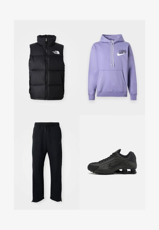 Čierny páperový vest s vysokým golierom, predným zipsom a logom The North Face. Obsahuje prešívanú textúru a bočné vrecká.; Fialová mikina s kapucňou na šnúrku, prednou vreckom a čiernym logom "Vibe" so symbolom Nike. Vyrobená z mäkkého materiálu s rebrovanými manžetami.; Čierne športové nohavice s elastickým pásom a šnúrkou, majú postranné vrecká, zúžené nohavice a zipsy na členkoch. Hladká textúra.; Čierne bežecké topánky s hladkým syntetickým zvrškom, perforovanými akcentmi, textúrovanými bočnými panelmi a výraznou pružnou podrážkou.