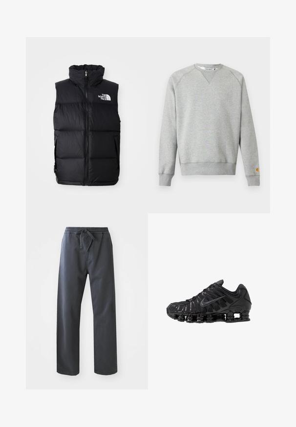 Chaleco acolchado negro con cuello alto, cremallera frontal y el logo de The North Face. Presenta una textura acolchada y bolsillos laterales.; Sudadera gris claro con cuello redondo, mangas largas, puños y dobladillo acanalados, y pequeño parche con logo en el puño de la manga izquierda.; Pantalones negros con cinturilla elástica y cordón, que presentan un diseño de pierna recta y una textura suave. Sin bolsillos visibles ni patrones.; Zapatillas deportivas negras fabricadas con malla y materiales sintéticos, con un diseño ondulado distintivo, suela de goma negra y detalles reflectantes.