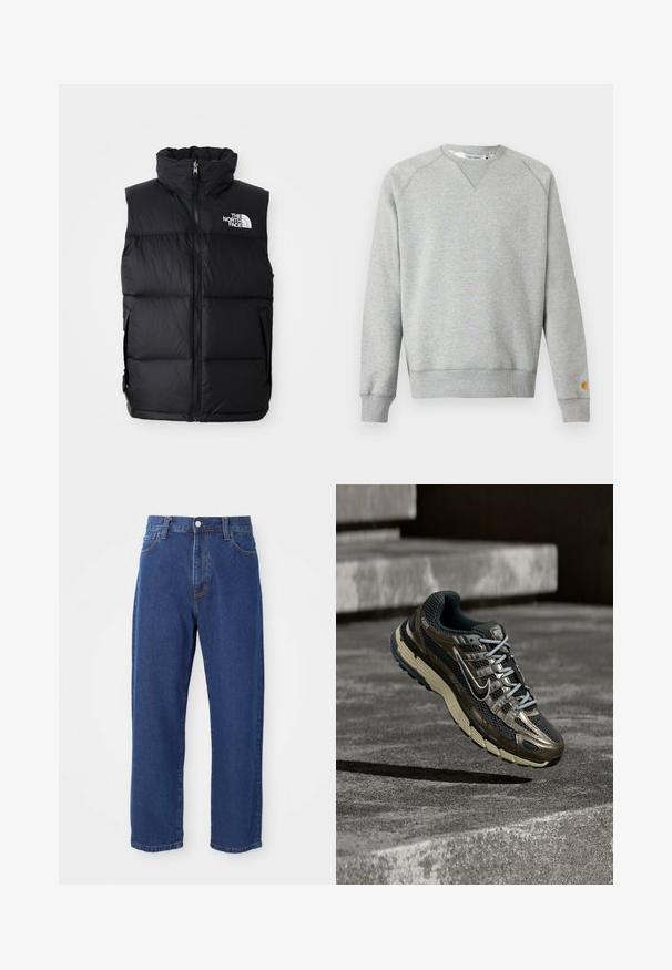 Čierny páperový vest s vysokým golierom, predným zipsom a logom The North Face. Obsahuje prešívanú textúru a bočné vrecká.; Svetlosivá mikina s okrúhlym výstrihom, dlhými rukávmi, rebrovanými lemami na rukávoch a spodnom leme a malou nášivkou s logom na ľavom rukáve.; Džínsy s vysokým pásom modrej farby vyrobené z denimu, so siluetou rovného strihu, viditeľným šitím a predným zapínaním na gombík.; Tmavá kovová a čierna bežecká obuv Nike s béžovou podrážkou vznášajúca sa nad sivými betónovými schodmi.