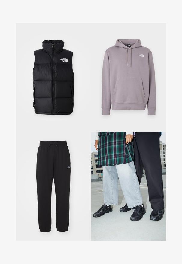 Čierny páperový vest s vysokým golierom, predným zipsom a logom The North Face. Obsahuje prešívanú textúru a bočné vrecká.; Pulóverová mikina s kapucňou svetlo fialovej farby, vyrobená z mäkkej tkaniny. Má predné vrecko na brušku, šnúrku na kapucni a biele logo v hornej ľavej časti.; Čierne tepláky vyrobené z mäkkej látky, s elastickým pásom s šnúrkou, s manžetami na členkoch a malým logom na hornej strane stehna.; Čierne športové topánky s sieťovinou a gumovými akcentmi. Nosené s svetlošedými širokými džínsami a kockovaným zeleným topom. Pozadie s plochým povrchom.