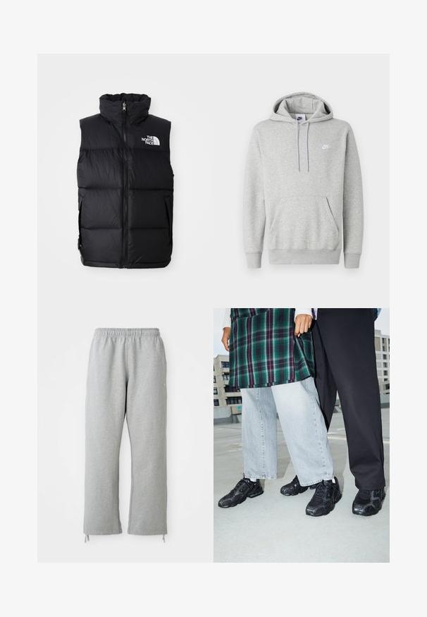 Chaleco acolchado negro con cuello alto, cremallera frontal y el logo de The North Face. Presenta una textura acolchada y bolsillos laterales.; Sudadera con capucha de color gris claro hecha de tela suave, con un bolsillo tipo canguro, capucha con cordón y un pequeño logo blanco en el pecho.; Pantalones de chándal grises con una cintura elástica, piernas rectas y detalles de cordones en el dobladillo. Fabricados en una suave tela texturizada.; Zapatillas deportivas negras con acentos de malla y goma. Combinadas con jeans de pierna ancha de color gris claro y una blusa de cuadros verdes. Fondo de superficie plana.