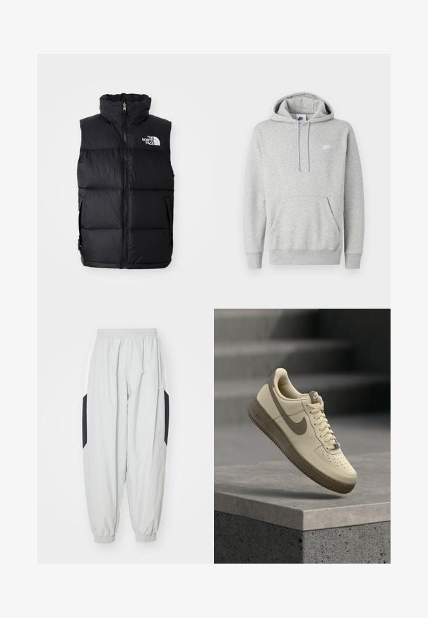 Schwarze Steppweste mit hohem Kragen, Frontreißverschluss und The North Face-Logo. Verfügt über eine gesteppte Textur und seitliche Taschen.; Hellgrauer Hoodie aus weichem Stoff mit Kängurutasche, Kapuze mit Kordelzug und kleinem weißem Logo auf der Brust.; Hellgraue Jogginghose aus leichtem Stoff, mit elastischem Bund und Bündchen, sowie kontrastierenden schwarzen und weißen Seiteneinsätzen.; Beige und brauner Nike Air Force 1 Sneaker mit Schnürsenkeln, schwebend über einer Betonfläche mit Treppen im Hintergrund.