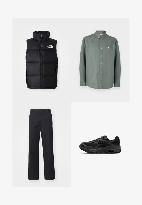 Chaleco acolchado negro con cuello alto, cremallera frontal y el logo de The North Face. Presenta una textura acolchada y bolsillos laterales.; Camisa verde de manga larga hecha de algodón, con cuello abotonado, tapeta frontal con botones y un pequeño logo blanco en el pecho.; Pantalones rectos negros hechos de una mezcla de algodón. Cuentan con una cintura plana con presillas para cinturón y sin hardware o adornos visibles.; Zapatilla de correr Nike en negro y gris oscuro con tejido de malla, superposiciones de ante, suela acolchada y unidades de aire visibles en el talón y la parte delantera del pie.