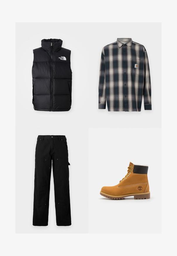 Sort puffer vest med høj krave, frontlynlås og The North Face-logo. Har en quiltet tekstur og sidelommer.; Skjorte med knapper i et blåt og gråt ternet mønster, lavet af bomuld, lange ærmer og en brystlomme med et logo-patch.; Sorte cargo bukser lavet af slidstærkt stof med flere lommer, en afslappet pasform, synlige sømme og trykknapdetaljer.; Brune læder ankelstøvle med metaløjer, hvid pelsforing, sort polstret krave, robust sål og præget logo på siden.