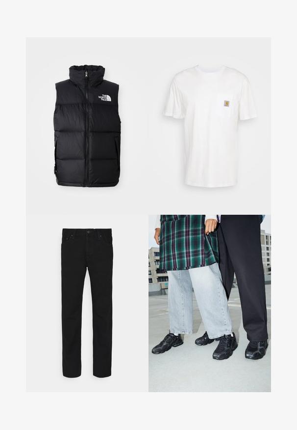 Schwarze Steppweste mit hohem Kragen, Frontreißverschluss und The North Face-Logo. Verfügt über eine gesteppte Textur und seitliche Taschen.; Weißes Baumwoll-T-Shirt mit kurzen Ärmeln, einer Brusttasche und einem kleinen quadratischen Logopatch in Orange und Weiß auf der Tasche.; Schwarze gerade geschnittene Jeans mit Knopf und Reißverschluss vorne, Fünf-Taschen-Design, auf einem weißen Hintergrund präsentiert.; Schwarze Sportschuhe mit Mesh- und Gummielementen. Kombiniert mit hellgrauen weiten Jeans und einem karierten grünen Oberteil. Flacher Hintergrund.