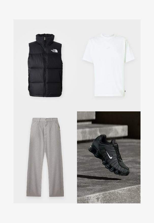 Must värvitud puhvvest kõrge kraega, esilukuga ja The North Face'i logoga. Omab tikitud tekstuuri ja küljetaskuid.; Valge puuvillane T-särk ümara kaelusega, lühikeste varrukatega ja väikese reljeeftehnikas Nike logoga rinnal. Pehme tekstuur ja lõdvestunud istuvus.; Meeste triibulised püksid vertikaalsete mustade ja valgete kitsaste triipudega, ees nööpidega, vööaasadega ja küljetaskutega.; Nike spordijalatsid tumerohelises värvuses, millel on sile sünteetiline ülemine osa, võrkmaterjal, mustad paelad ja läikiv tald, kus on õhupehmendus.
