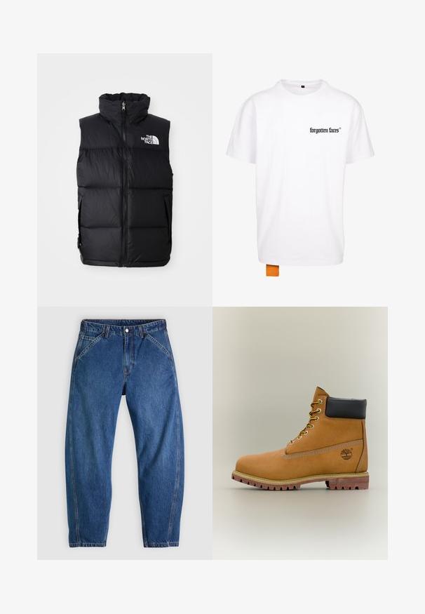 Čierny páperový vest s vysokým golierom, predným zipsom a logom The North Face. Obsahuje prešívanú textúru a bočné vrecká.; Biela bavlnená tričko s čiernym logom na ľavej hrudi a oranžovou nášivkou na spodnej strane. Krátke rukávy a klasický výstrih.; Modré denimové rifle s voľným strihom, vybavené zapínaním na gombíky, piatimi vreckami a kontrastným oranžovým prešívaním. Hladká textúra po celom povrchu.; Hnedá kožená členková členková obuv s čiernym golierom, žltými šnúrkami a béžovou podrážkou. Má logo a biele prešívanie. Hrubá podrážka s dobrým záberom.