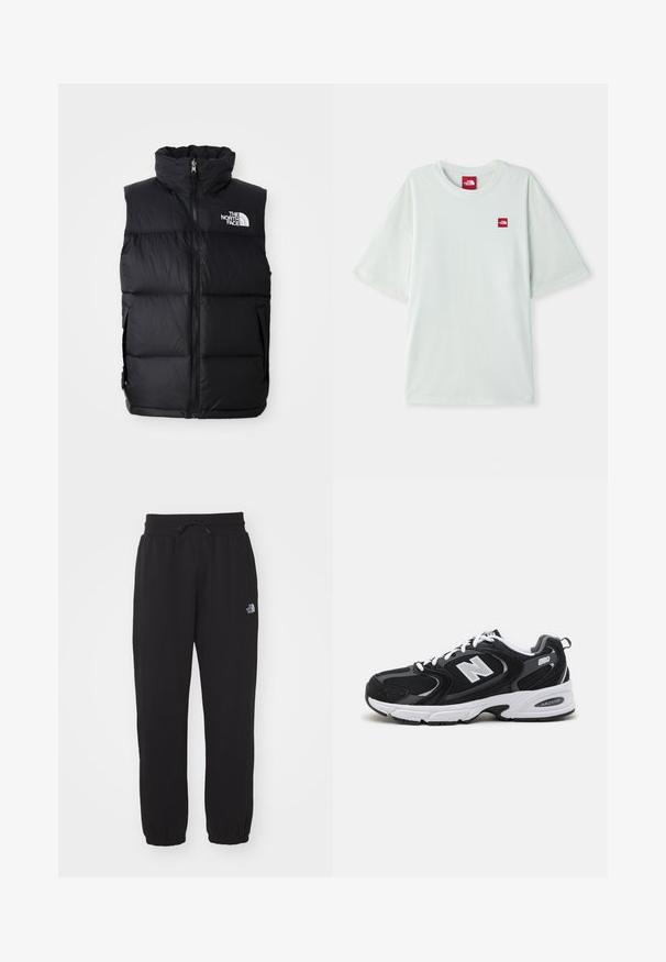 Schwarze Steppweste mit hohem Kragen, Frontreißverschluss und The North Face-Logo. Verfügt über eine gesteppte Textur und seitliche Taschen.; Hellgrünes Kurzarm-T-Shirt aus weicher Baumwolle, mit einem kleinen roten Logostein auf der linken Brustseite. Entspannte Passform und runder Halsausschnitt.; Schwarze Jogginghose aus weichem Stoff, mit einem elastischen Bund und Kordelzug, Bündchen an den Knöcheln und einem kleinen Logo am Oberschenkel.; Schwarze und graue Sportschuhe mit Obermaterial aus Mesh und Wildleder, ausgestattet mit einer weißen Zwischensohle, Schnürsenkeln und einem markanten "N"-Logo an der Seite.
