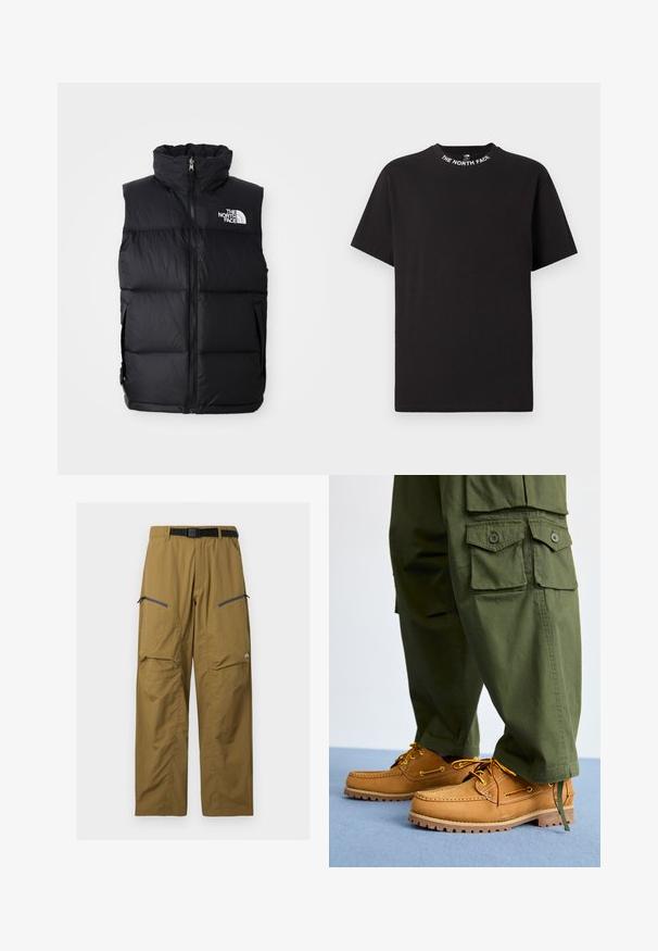 Schwarze Steppweste mit hohem Kragen, Frontreißverschluss und The North Face-Logo. Verfügt über eine gesteppte Textur und seitliche Taschen.; Schwarzes T-Shirt mit kurzen Ärmeln und Rundhalsausschnitt mit dem Schriftzug „THE NORTH FACE“ rund um den Kragen.; Khakifarbene Outdoor-Hose mit schwarzem verstellbarem Gürtel, zwei Reißverschluss-Oberschenkeltaschen und Knie-Nähten, auf einfachem Hintergrund dargestellt.; Timberland AUTHENTIC 3 EYE - Bootsschuh - wheat