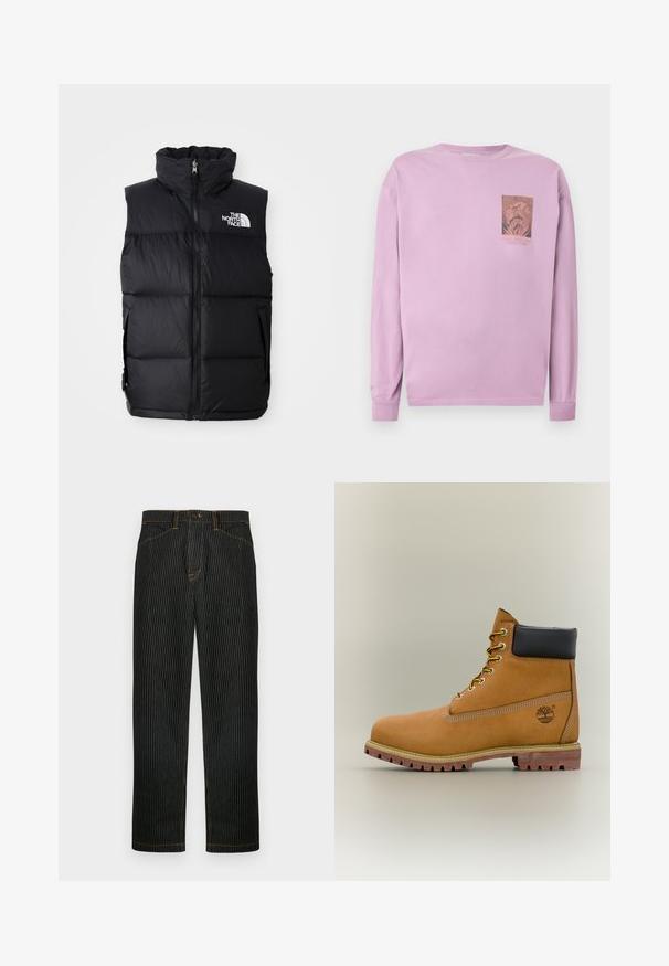 Schwarze Steppweste mit hohem Kragen, Frontreißverschluss und The North Face-Logo. Verfügt über eine gesteppte Textur und seitliche Taschen.; Lavendelfarbenes Langarmshirt mit einer kleinen Grafik und Text auf der linken Brust, die ein detailliertes kreisförmiges Design zeigt.; Schwarze gestreifte Jeanshose aus Denim mit orangefarbenen Nähten und geradem Bein. Verfügt über einen vorderen Knopfverschluss und Gürtelschlaufen.; Brauner Leder-Stiefelette mit schwarzem Kragen, gelben Schnürsenkeln und hellbrauner Sohle. Verfügt über ein Logo und weiße Ziernähe. Robuste Profilsohle.