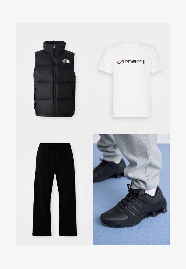 Zwarte pufferjas zonder mouwen met hoge kraag, rits aan de voorkant en het logo van The North Face. Heeft een gewatteerde textuur en zijzakken.; Witte katoenen t-shirt met korte mouwen en ronde hals. Voorzien van een groot "carhartt" logo in donkerbruin over de borst.; Zwarte broek met elastische tailleband en verstelbaar trekkoord, met wijde pijpen en een gladde katoentextuur. Geen zichtbare patronen of hardwaredetails.; Persoon in zwarte Nike Shox sneakers en een grijze joggingbroek staand op een lichtblauw tapijt.