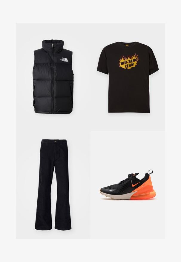 Schwarze Steppweste mit hohem Kragen, Frontreißverschluss und The North Face-Logo. Verfügt über eine gesteppte Textur und seitliche Taschen.; Schwarzes Baumwoll-T-Shirt mit Flammendesign und gelbem Text mit "WU-TANG CLAN" zentriert auf der Vorderseite. Rundhalsausschnitt und kurze Ärmel.; Schwarze, baumwollene Schlaghose mit traditionellem Bund, einem einzelnen vorderen Knopf und Taschen an den Seiten und hinten. Glatte Textur.; Schwarzer Sportschuh mit orangefarbenen Akzenten; Obermaterial aus Mesh, Gummiaußensohle, gepolsterter Schaft und sichtbare Luftpolsterung in der Sohle.