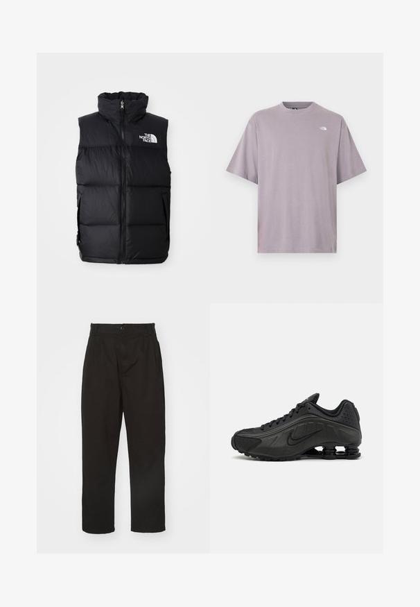 Sort puffer vest med høj krave, frontlynlås og The North Face-logo. Har en quiltet tekstur og sidelommer.; Kortærmet, rundhalset t-shirt i lyse lilla bomuld med et lille hvidt logo på øverste venstre bryst. Glat tekstur, afslappet pasform.; Sorte bukser lavet af glat stof, med knaplukning, lige pasform og to frontfolder for ekstra detalje.; Sorte løbesko med en glat syntetisk overdel, perforerede detaljer, teksturerede sidedele og en distinkt fjedrende sål.