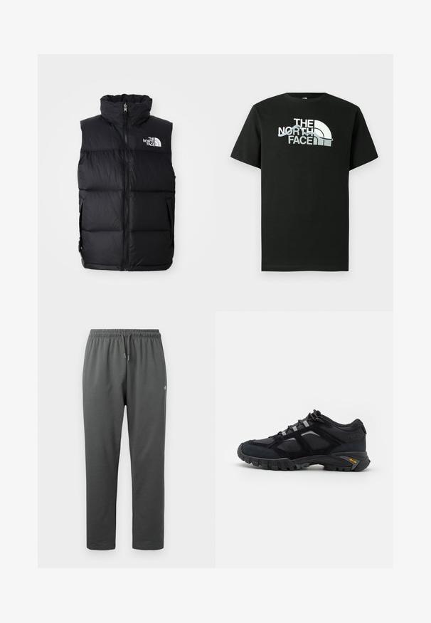 Zwarte pufferjas zonder mouwen met hoge kraag, rits aan de voorkant en het logo van The North Face. Heeft een gewatteerde textuur en zijzakken.; Zwart T-shirt van katoen met een bedrukte logo-ontwerp in wit en grijs, korte mouwen en een ronde hals.; Donkergrijze fleece joggingbroek met elastische tailleband en trekkoord, voorzien van een klein logo op de rechterdij.; Zwarte buitenschoen van suede en mesh met een robuuste zool. Voorzien van grijze accenten en Vibram-logo op de zijkant. Vetersluiting.