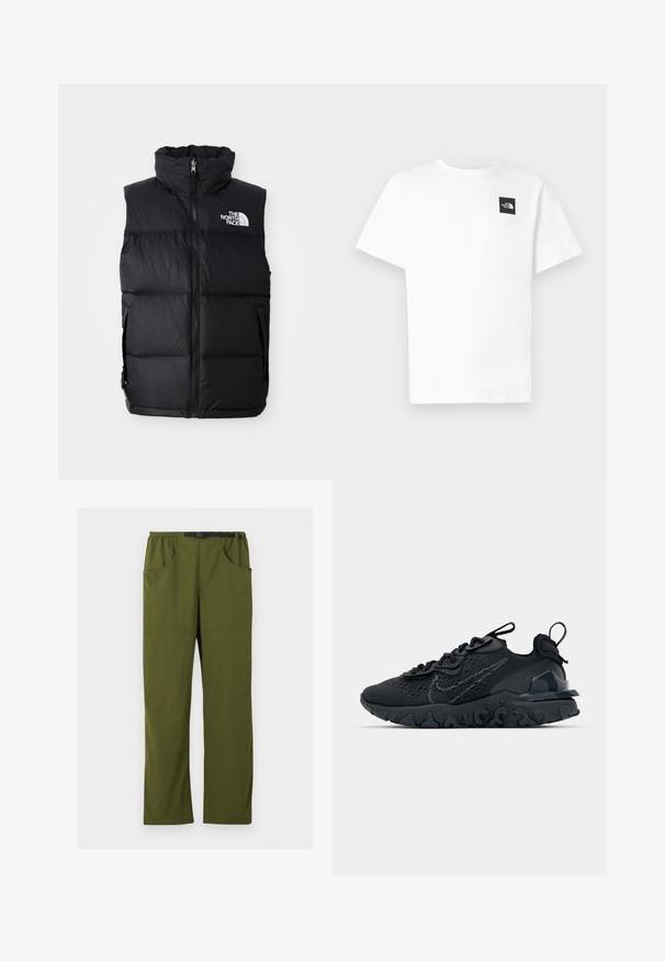 Čierny páperový vest s vysokým golierom, predným zipsom a logom The North Face. Obsahuje prešívanú textúru a bočné vrecká.; Biele bavlnené tričko s krátkymi rukávmi, s čiernym štvorcovým logom na ľavej strane hrudníka a okrúhlym výstrihom.; Olivovo zelené nohavice so strihom rovno, elastickým pásom a čiernym nastaviteľným opaskovým prackou, s vreckami vpredu a po stranách, detailom švu vpredu.; Čierna atletická topánka s priedušným sieťovaným zvrškom, textúrovanými akcentmi a vlnovou gumovou podrážkou. Obsahuje reflexné logo a systém šnurovania.