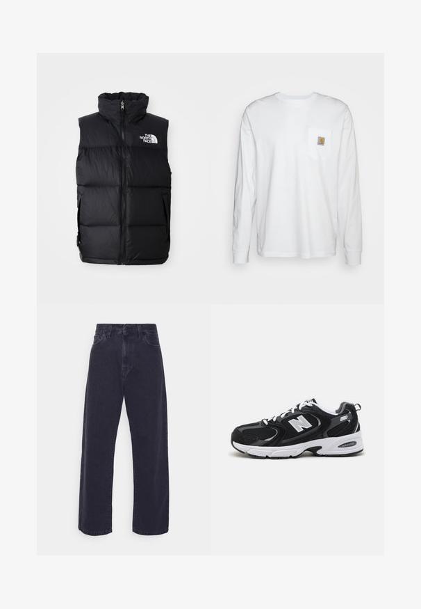 Schwarze Steppweste mit hohem Kragen, Frontreißverschluss und The North Face-Logo. Verfügt über eine gesteppte Textur und seitliche Taschen.; Langärmliges, weißes Hemd aus Baumwolle mit einer Brusttasche und einem quadratischen Logopatch. Einfaches Design mit rundem Ausschnitt und gefütterten Ärmeln.; Dunkelblaue Jeans mit weitem Bein, hoher Taille und Fünf-Taschen-Design. Mit einer klassischen Knopf- und Reißverschlussöffnung ausgestattet.; Schwarze und graue Sportschuhe mit Obermaterial aus Mesh und Wildleder, ausgestattet mit einer weißen Zwischensohle, Schnürsenkeln und einem markanten "N"-Logo an der Seite.
