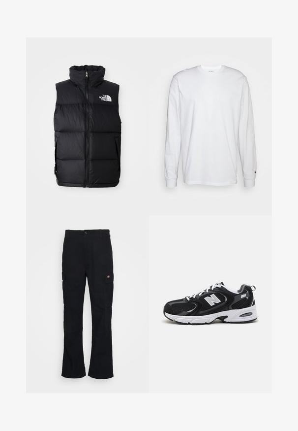 Sort puffer vest med høj krave, frontlynlås og The North Face-logo. Har en quiltet tekstur og sidelommer.; Hvid langærmet T-shirt lavet af bomuld. Rund halsudskæring med ribbede manchetter og et lille logo på venstre ærme. Glat tekstur.; Sorte cargo bukser med lige ben-design, fremstillet af slidstærkt stof, med sidelommer og et patch-logo på venstre side.; Sorte og grå sportssko med mesh og ruskind på overdelen, der har en hvid mellemsål, snørebånd og et iøjnefaldende "N" logo på siden.
