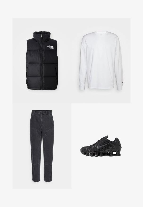 Schwarze Steppweste mit hohem Kragen, Frontreißverschluss und The North Face-Logo. Verfügt über eine gesteppte Textur und seitliche Taschen.; Weißes Langarm-T-Shirt aus Baumwolle. Rundhals-Design mit gerippten Bündchen und kleinem Logo auf dem linken Ärmel. Glatte Textur.; Schwarze Denim-Jeans mit hoher Taille, geradem Bein und großen frontalen Taschen. Mit kontrastierenden Nähten und ohne sichtbare Logos.; Schwarze Sportschuhe aus Mesh- und synthetischen Materialien mit einem markanten wellenförmigen Design, schwarzer Gummisohle und reflektierenden Akzenten.