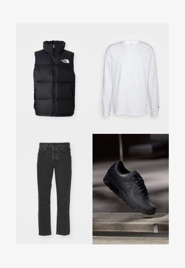 Sort puffer vest med høj krave, frontlynlås og The North Face-logo. Har en quiltet tekstur og sidelommer.; Hvid langærmet T-shirt lavet af bomuld. Rund halsudskæring med ribbede manchetter og et lille logo på venstre ærme. Glat tekstur.; Sorte denim jeans med lige ben, klassisk fem-lomme design, knaplukning i taljen og en falmet overflade. Glat tekstur, ingen synlige mønstre.; Sorte Nike Air Max-sneakers med en struktureret læderoverdel, gummisål og fremtrædende snøresystem, der viser et slankt, moderne design.