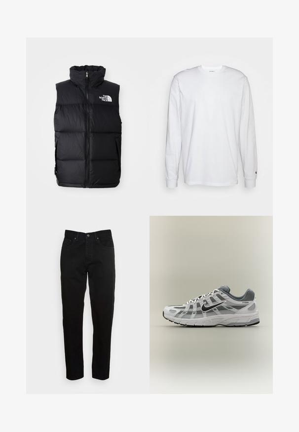 Schwarze Steppweste mit hohem Kragen, Frontreißverschluss und The North Face-Logo. Verfügt über eine gesteppte Textur und seitliche Taschen.; Weißes Langarm-T-Shirt aus Baumwolle. Rundhals-Design mit gerippten Bündchen und kleinem Logo auf dem linken Ärmel. Glatte Textur.; Schwarze Slim-Fit-Jeans mit vorderem Knopfverschluss und fünf Taschen-Design, vor einem schlichten hellgrauen Hintergrund präsentiert.; Weißer und grauer Nike P-6000 Sneaker mit schwarzem Swoosh, Netzpaneelen und strukturierter Sohle, seitlich auf neutralem Hintergrund dargestellt.