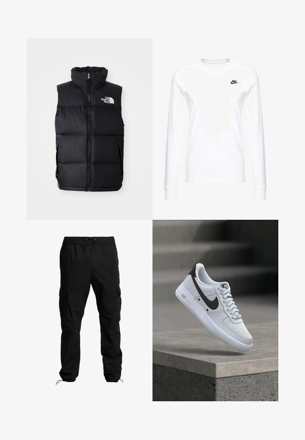 Chaleco acolchado negro con cuello alto, cremallera frontal y el logo de The North Face. Presenta una textura acolchada y bolsillos laterales.; Camiseta blanca de manga larga hecha de algodón, con un pequeño logo negro de Nike en el lado izquierdo del pecho y un escote redondeado. Textura suave.; Pantalones cargo negros hechos de un tejido duradero, con cintura elástica, cordones ajustables y bolsillos laterales con solapa.; Zapatilla blanca Nike Air Force 1 con logo Swoosh negro, flotando sobre un saliente de hormigón con escaleras difuminadas al fondo.