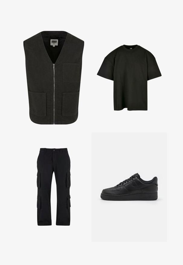 Sort ærmeløs vest lavet af økologisk bomuld, med V-hals, lynlåslukning foran og to sidelommer. Minimalistisk design.; Sort oversized t-shirt i blød bomuld. Har en rund crew neckline og korte ærmer, med en glat tekstur og minimalistisk design.; Sorte cargo bukser lavet af bomuldsstof, med flere sidelommer, en afslappet pasform og lige ben-design.; Nike Sportswear AIR FORCE 1 07 FLYEASE - Sneakers - black