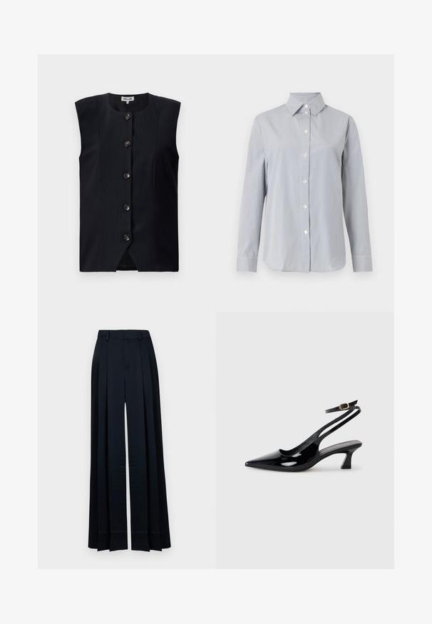 Chaleco sin mangas de color navy con corte recto, rayas verticales y seis botones en la parte delantera, con un escote redondo y una ligera abertura en la parte inferior.; Camisa de manga larga gris claro con delgadas rayas verticales blancas, cierre de botones en la parte delantera, cuello puntiagudo y puños a juego sobre fondo liso.; Pantalones de pierna ancha azul marino con cintura alta, trabillas para cinturón, pliegues delanteros y dobladillo recto.; Zapatos de tacón de charol negro con punta afilada, tacón bajo tipo bloque y correa ajustable en el tobillo con un hebilla dorada.