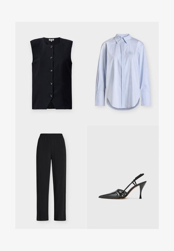 Chaleco sin mangas de color navy con corte recto, rayas verticales y seis botones en la parte delantera, con un escote redondo y una ligera abertura en la parte inferior.; Camisa azul claro de manga larga con finas rayas verticales blancas y azul oscuro, cuello puntiagudo, tapeta oculta de botones y logo bordado en el pecho.; Pantalones negros de corte holgado con cinturilla elástica, piernas rectas y sin bolsillos visibles ni adornos.; Zapato de tacón alto de charol negro con punta afilada, diseño de tiras entrecruzadas y tacón de aguja delgado. Textura suave y acentos mínimos.
