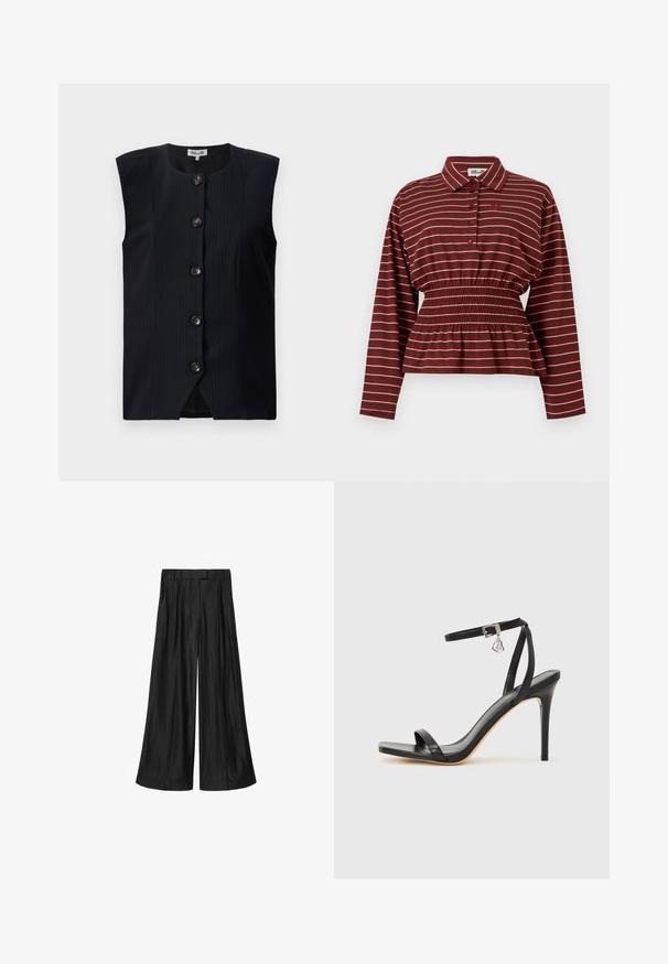 Tumed ilma varrukateta vest, otse lõikega, vertikaalsete triipudega ja kuue esipraniga, millel on ümmargune kaelus ja kerge lõhk kõhuosas.; Pikema varrukaga viinapunane triiksärk valgete triipudega, eest nööbitav, kumer-volditud paeltega elastne vöökoht ja krae.; Mustad kõrge vöökohaga laiad püksid vööaasa ja eesmiste voltidega, laotatud valgele taustale.; Mustad kõrge kontsaga sandaal kitsaste pahkluu rihmadega, kandilise varbaosaga, siledast nahast ning metallist pandla aktsendiga.