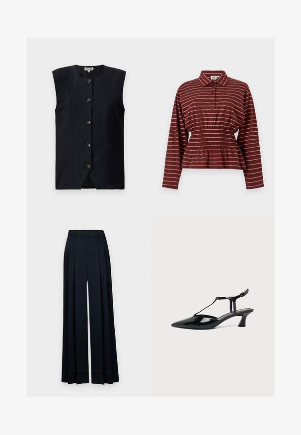 Chaleco sin mangas de color navy con corte recto, rayas verticales y seis botones en la parte delantera, con un escote redondo y una ligera abertura en la parte inferior.; Camisa burdeos de manga larga con rayas blancas, tapeta de botones en la parte delantera, cintura elástica fruncida y cuello.; Pantalones de pierna ancha azul marino con cintura alta, trabillas para cinturón, pliegues delanteros y dobladillo recto.; Zapato slingback de cuero charol negro con punta fina, tira en T y tacón bajo en bloque inclinado sobre fondo blanco.