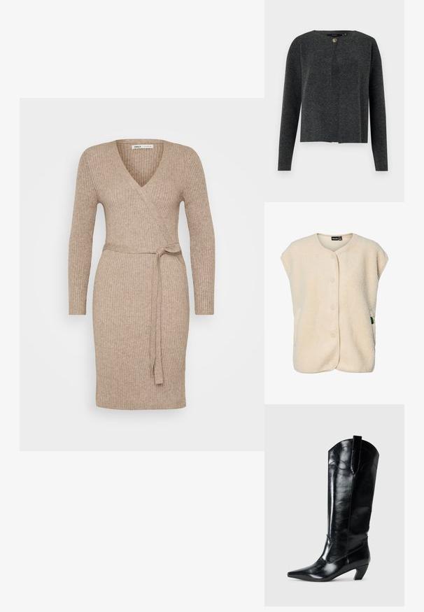 Krémovo sfarbená bezrukávová flísová vesta s patentnými gombíkmi vpredu a zaobleným výstrihom, s malou značkovou štítkou na boku.; Vero Moda Knitted VMMARINA Knit - Kardigán - dark grey melange; Bežové rebrované úpletové zavinovacie šaty s dlhými rukávmi, výstrihom do V a viazaním v páse. Hladká textúra, priliehavý strih, dĺžka po kolená.; Čierne kožené vysoké čižmy až po kolená s špicatou špičkou, nízkym podpätkom a dekoratívnym prešívaním po stranách. Hladký lesklý povrch.