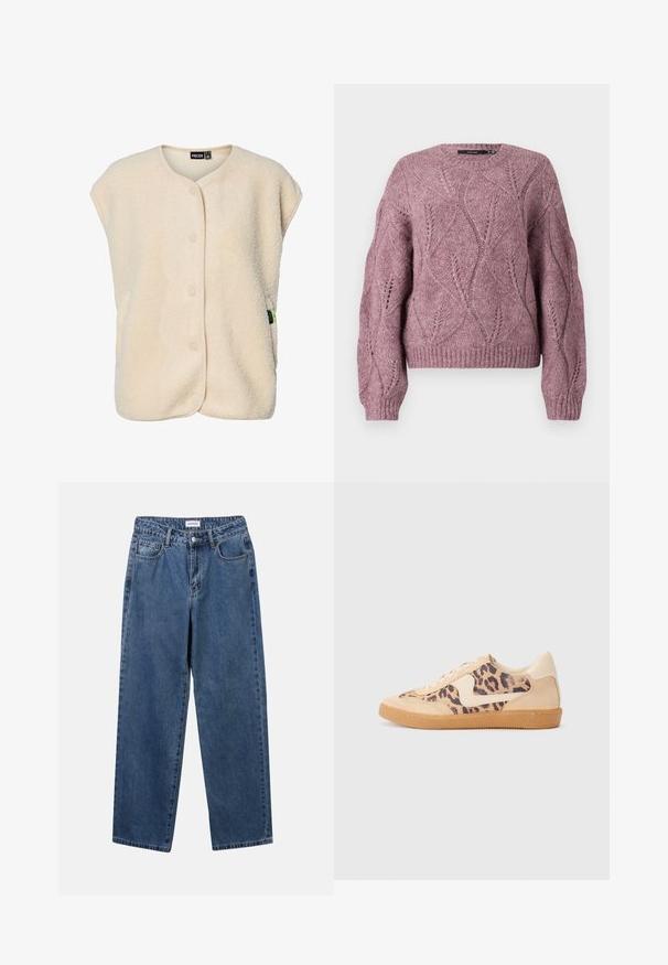 Chaleco sin mangas de forro polar color crema con botones a presión en la parte delantera y cuello redondeado, con una pequeña etiqueta de la marca en el lateral.; Suéter corto de punto en rosa suave con un patrón de hojas texturizado, cuello redondo y puños y dobladillo acanalados. Fabricado con una cálida mezcla de lana.; Jeans de mezclilla azul clásico con un diseño de pierna recta, cinco bolsillos y cierre de botón. Presenta un lavado medio y una textura resistente.; Zapatillas de leopardo con parte superior de ante beige, suela de goma marrón y acentos blancos. Punta redonda y diseño con cordones con un acabado texturado.