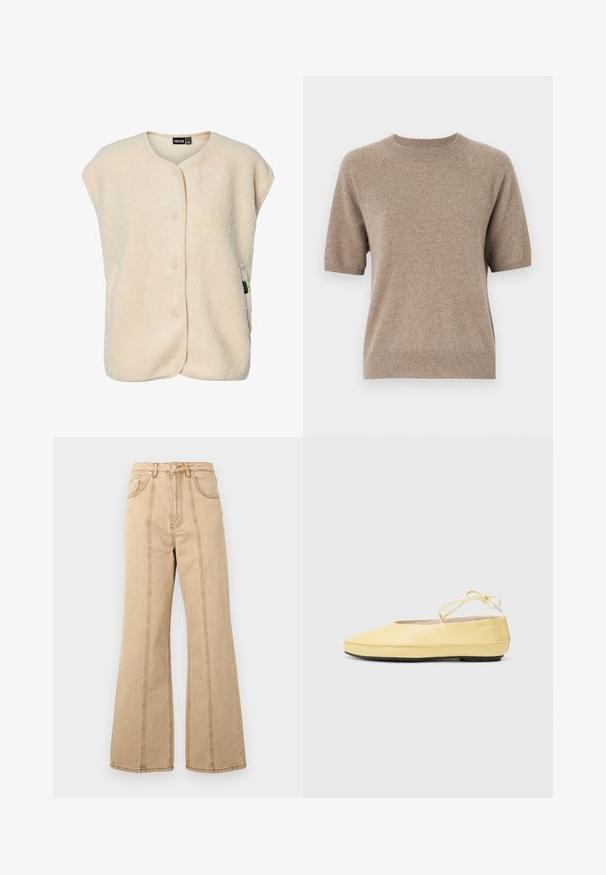 Chaleco sin mangas de forro polar color crema con botones a presión en la parte delantera y cuello redondeado, con una pequeña etiqueta de la marca en el lateral.; Suéter de manga corta en Beige claro, hecho de una tela suave y texturizada. Presenta un cuello redondo y puños y dobladillo acanalados. Diseño casual.; Jeans de pierna ancha en color beige con una altura alta, cinco bolsillos y costuras en contraste para mayor detalle. Tejido de algodón con una textura suave.; Bailarinas de piel amarilla con puntera redondeada, tira delgada en el tobillo y suela de goma negra. Textura suave con detalles de diseño mínimos.