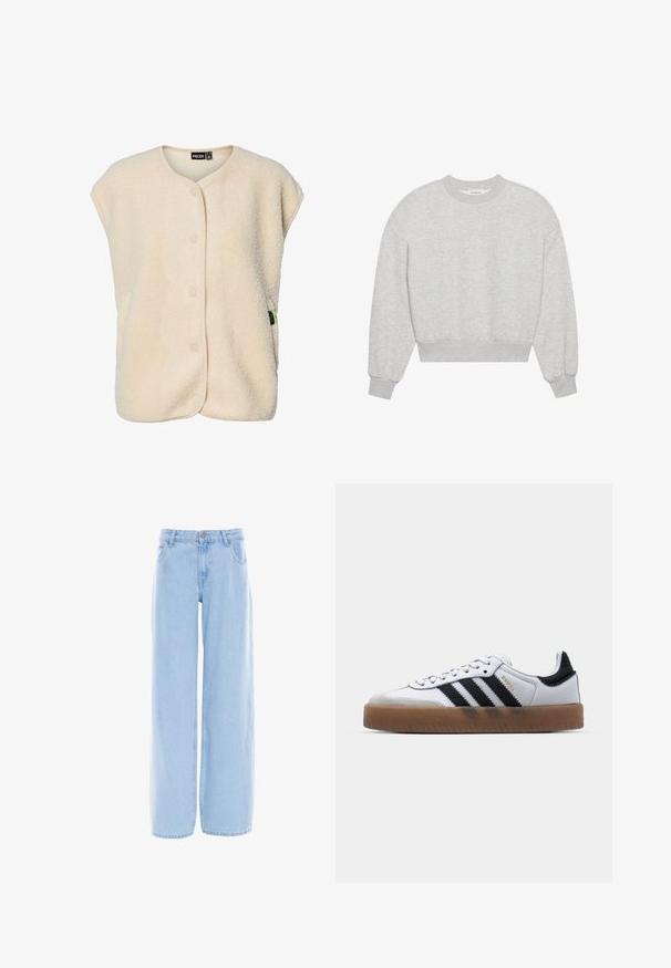 Roomkleurig fleecevest zonder mouwen met drukknoopjes aan de voorkant en een ronde hals, voorzien van een klein merkembleem aan de zijkant.; Grijze, cropped sweatshirt, ronde halslijn, verlaagde schouders, lange mouwen met ribgebreide manchetten, gemaakt van een zachte katoenmix, minimalistische textuur.; Lichtblauwe wijde spijkerbroek van denim stof. Voorzien van een knoop- en ritssluiting, vijf zakken en zichtbare stiksels.; Witte leren sneakers met zwarte strepen, gumrubberen buitenzool, ronde neus, vetersluiting en een zachte grijze suède neuskap.