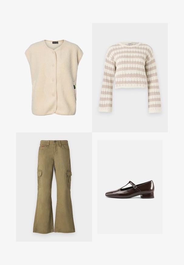 Chaleco sin mangas de forro polar color crema con botones a presión en la parte delantera y cuello redondeado, con una pequeña etiqueta de la marca en el lateral.; Suéter de punto de ganchillo en beige y crema, con mangas anchas, rayas horizontales y un diseño corto con bordes festoneados.; Pantalones cargo en verde oliva, fabricados en algodón. Incluyen piernas acampanadas, múltiples bolsillos laterales y un cierre de botón en la cintura.; Zapatos Mary Jane de charol marrón con punta redondeada, diseño recortado y una correa ajustable. Tacón bajo y ancho.