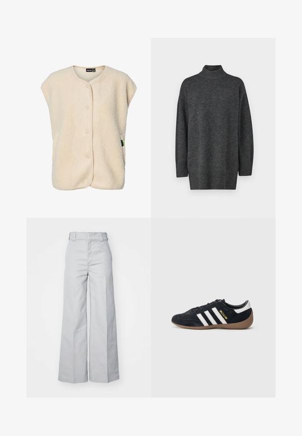 Chaleco sin mangas de forro polar color crema con botones a presión en la parte delantera y cuello redondeado, con una pequeña etiqueta de la marca en el lateral.; Suéter de cuello alto de gran tamaño en gris oscuro, hecho de material de punto suave, con mangas largas y dobladillo acanalado; textura suave, diseño minimalista.; Pantalones de pierna ancha color gris claro, hechos de una mezcla de algodón, con cintura alta, cinturilla estructurada y costuras visibles.; Zapatilla de ante negra con tres rayas blancas, suela de goma y un pequeño logo dorado en el lateral. Cuenta con un forro interior negro liso.