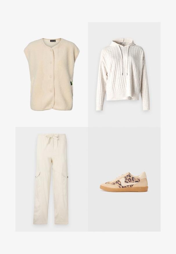 Flødefarvet, ærmeløs fleecevest med trykknapper foran og rund halsudskæring, med et lille mærke fra mærket på siden.; Lys beige hoodie med ribbet tekstur, der har en frontlomme, justerbar snor og en let cropped design. Blødt stof.; Beige cargo bukser med snøre i taljen, udstyret med to sidelommer og syede detaljer. Fremstillet af letvægts bomuldsstof.; Leopardprint sneakers med beige ruskindsoverdel, tan gummisål og hvide detaljer. Rund pegefinger og snørebåndsdesign med en tekstureret finish.
