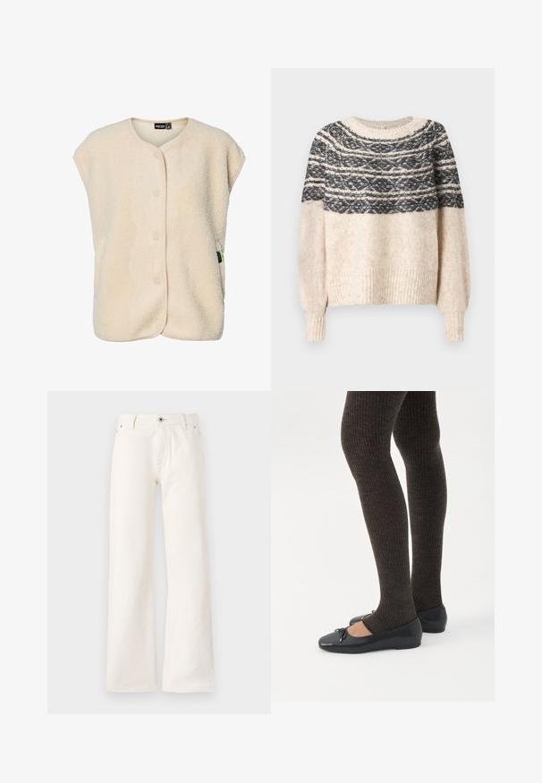 Flødefarvet, ærmeløs fleecevest med trykknapper foran og rund halsudskæring, med et lille mærke fra mærket på siden.; Cremefarvet og sort strikket sweater med mønstret yoke, ribbede manchetter og kant, præsenteret mod en ensfarvet baggrund.; Hvide vide jeans lavet af denim, med en frontknaplukning, fem lommer og en glat overflade uden synlige mønstre.; Ben iført mørke ribbede leggings kombineret med sorte balletsko med små sløjfedetaljer på hvid baggrund.