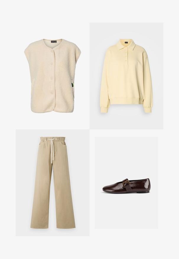 Chaleco sin mangas de forro polar color crema con botones a presión en la parte delantera y cuello redondeado, con una pequeña etiqueta de la marca en el lateral.; Sudadera estilo polo en amarillo suave, con un cuello, una tapeta de cinco botones y puños de canalé. Corte casual y relajado con una textura suave.; Pantalones de pierna ancha beige hechos de algodón con cintura elástica y cordón. Cuenta con dos bolsillos laterales y una textura suave.; Zapato plano de charol marrón oscuro con una gran hebilla dorada y puntera redondeada, mostrado de perfil sobre un fondo blanco.